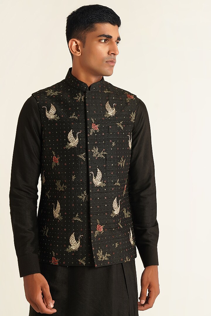 Black Silk Thread Embroidered Nehru Jacket by Dhruv Vaish at Pernia's Pop Up Shop