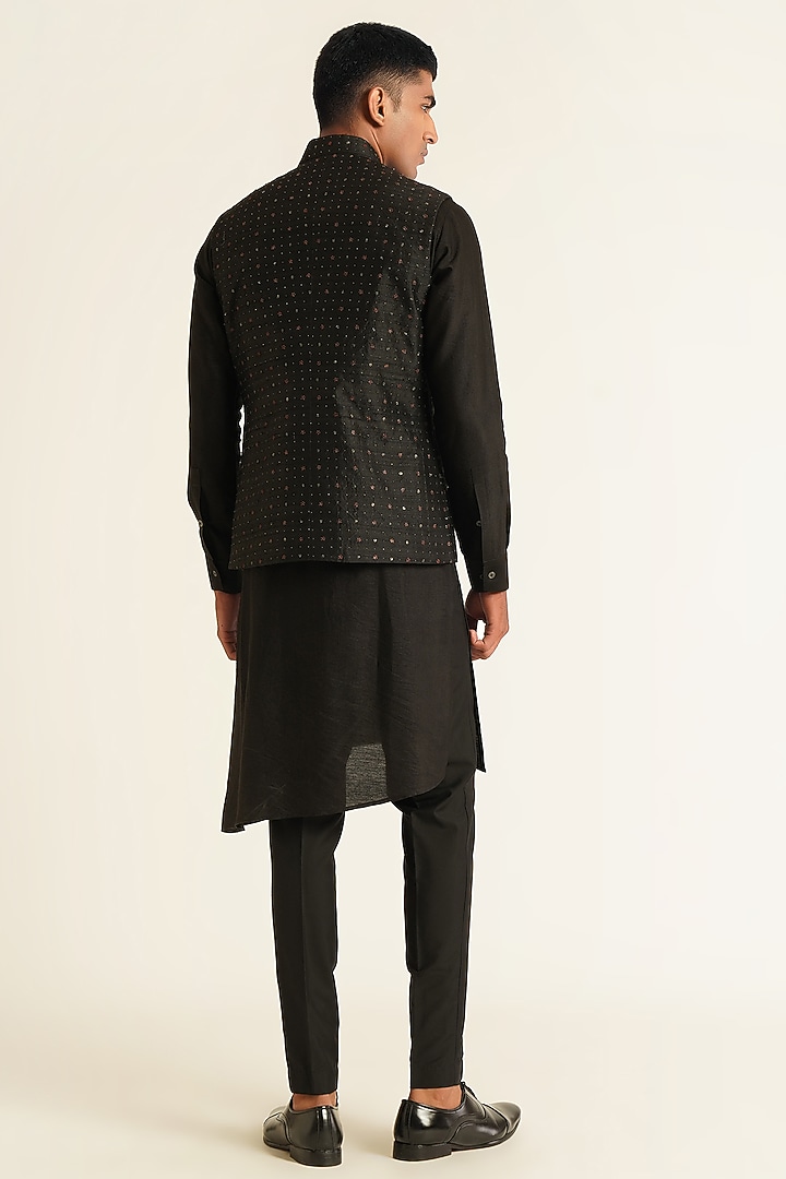 Black Silk Thread Embroidered Nehru Jacket by Dhruv Vaish at Pernia's Pop Up Shop