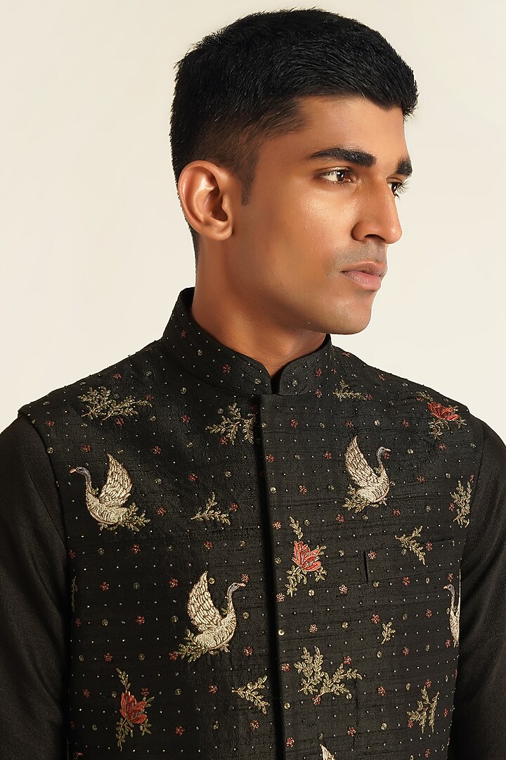Black Silk Thread Embroidered Nehru Jacket by Dhruv Vaish at Pernia's Pop Up Shop
