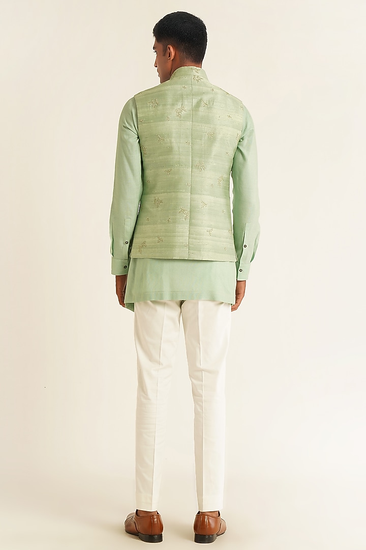Jade Mist Silk Thread Embroidered Nehru Jacket by Dhruv Vaish at Pernia's Pop Up Shop