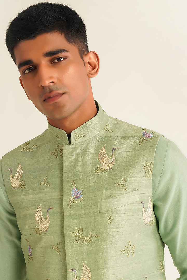 Jade Mist Silk Thread Embroidered Nehru Jacket by Dhruv Vaish at Pernia's Pop Up Shop