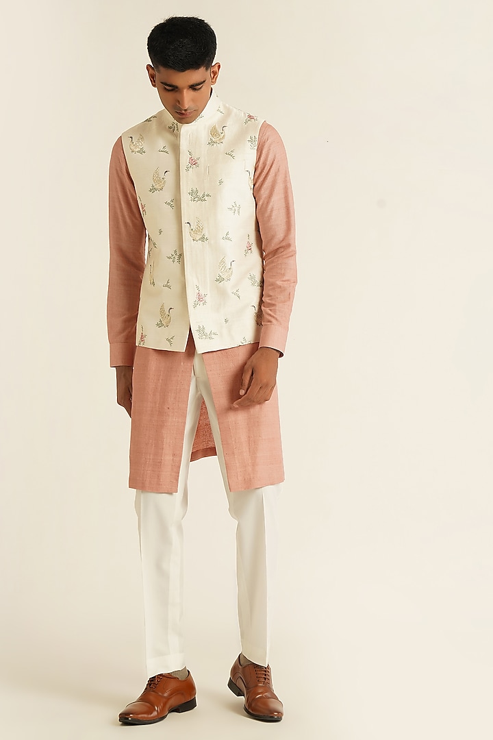 Ivory Silk Thread Embroidered Nehru Jacket by Dhruv Vaish