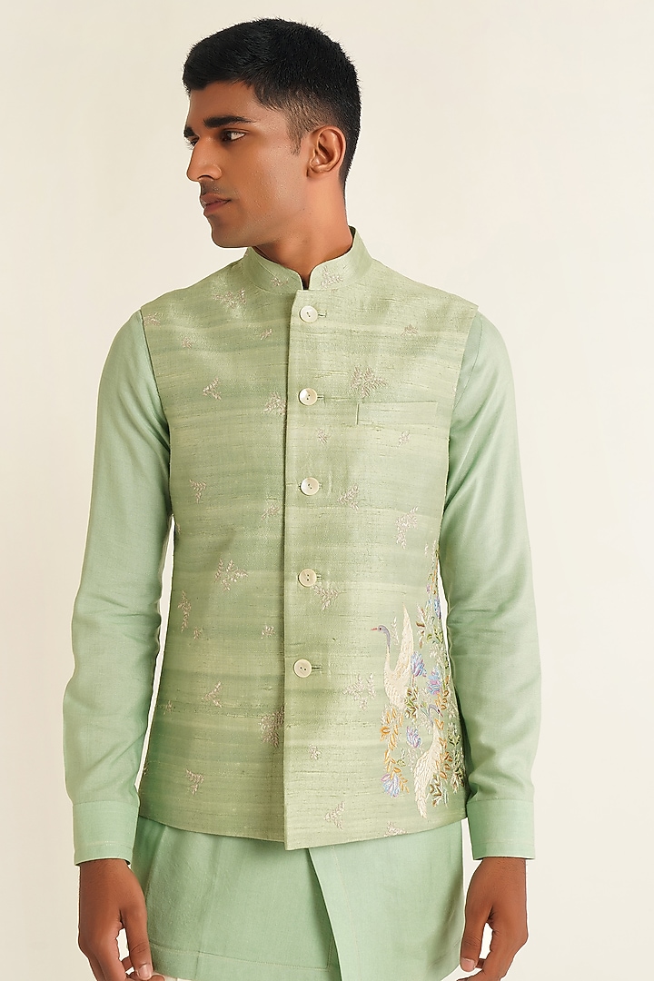 Jade Mist Silk Thread Embroidered Nehru Jacket by Dhruv Vaish at Pernia's Pop Up Shop