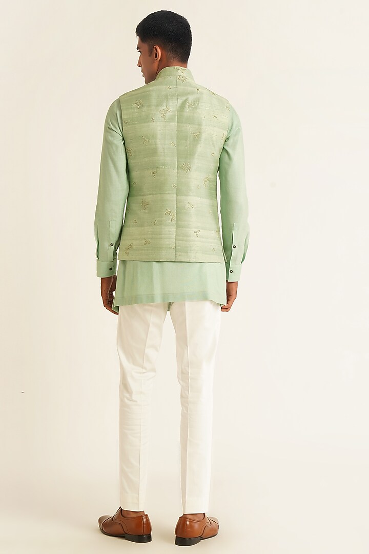 Jade Mist Silk Thread Embroidered Nehru Jacket by Dhruv Vaish at Pernia's Pop Up Shop
