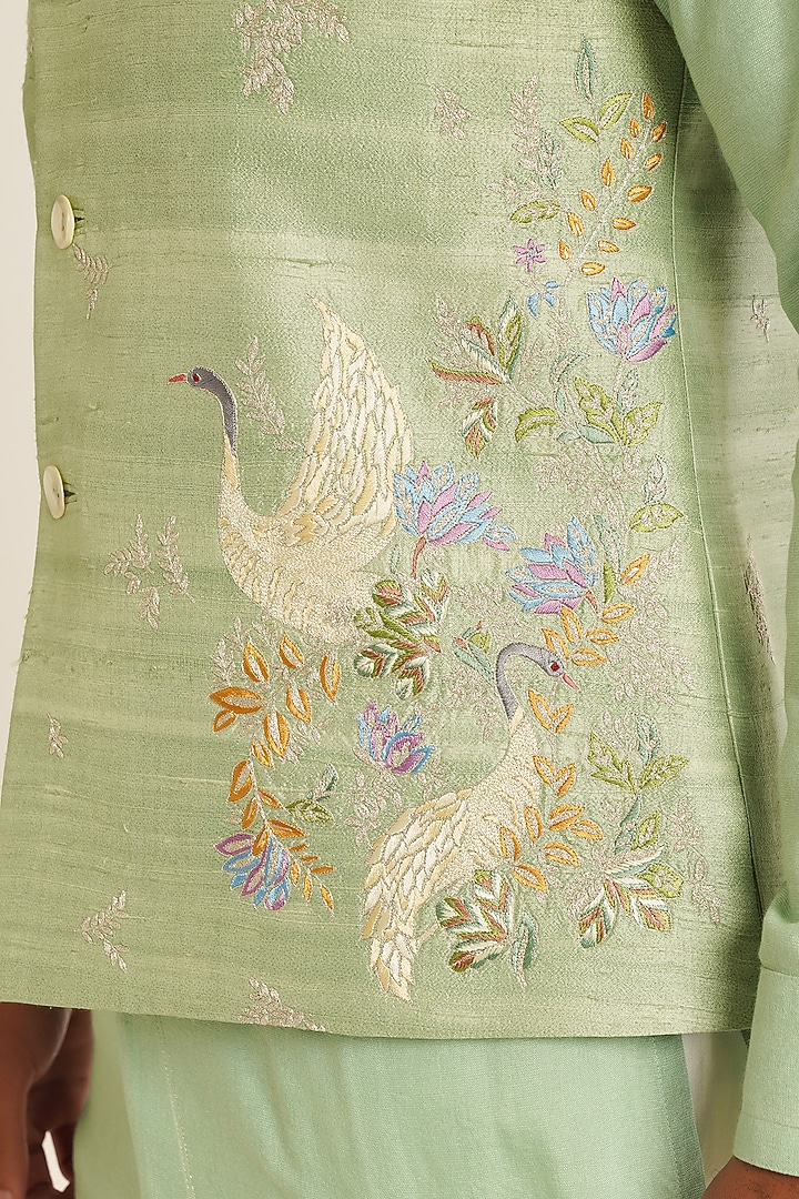 Jade Mist Silk Thread Embroidered Nehru Jacket by Dhruv Vaish at Pernia's Pop Up Shop