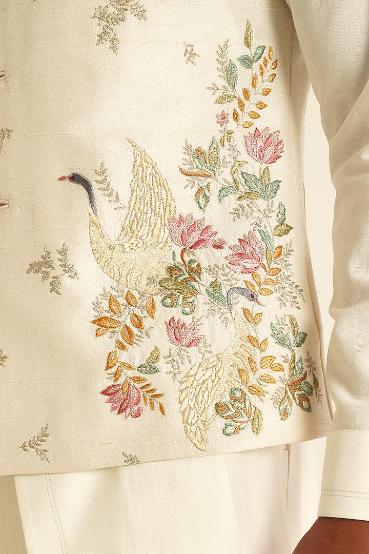 Ivory Silk Thread Embroidered Nehru Jacket by Dhruv Vaish at Pernia's Pop Up Shop