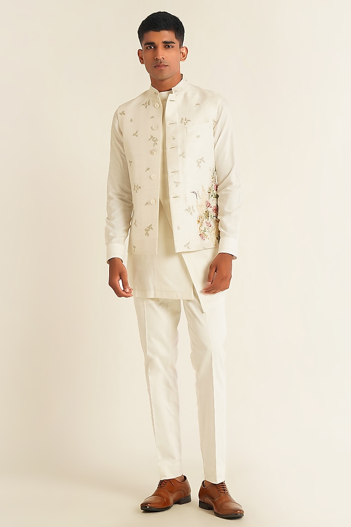 Ivory Silk Thread Embroidered Nehru Jacket by Dhruv Vaish