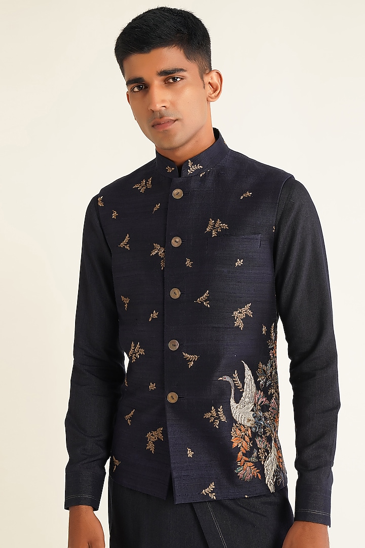 Navy Silk Thread Embroidered Nehru Jacket by Dhruv Vaish at Pernia's Pop Up Shop