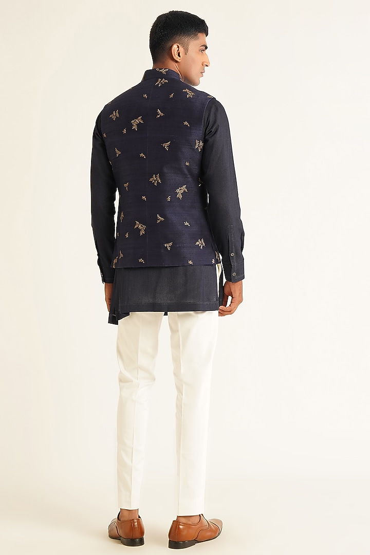 Navy Silk Thread Embroidered Nehru Jacket by Dhruv Vaish at Pernia's Pop Up Shop