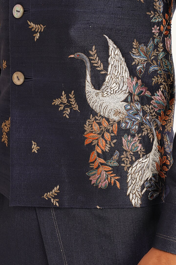 Navy Silk Thread Embroidered Nehru Jacket by Dhruv Vaish at Pernia's Pop Up Shop