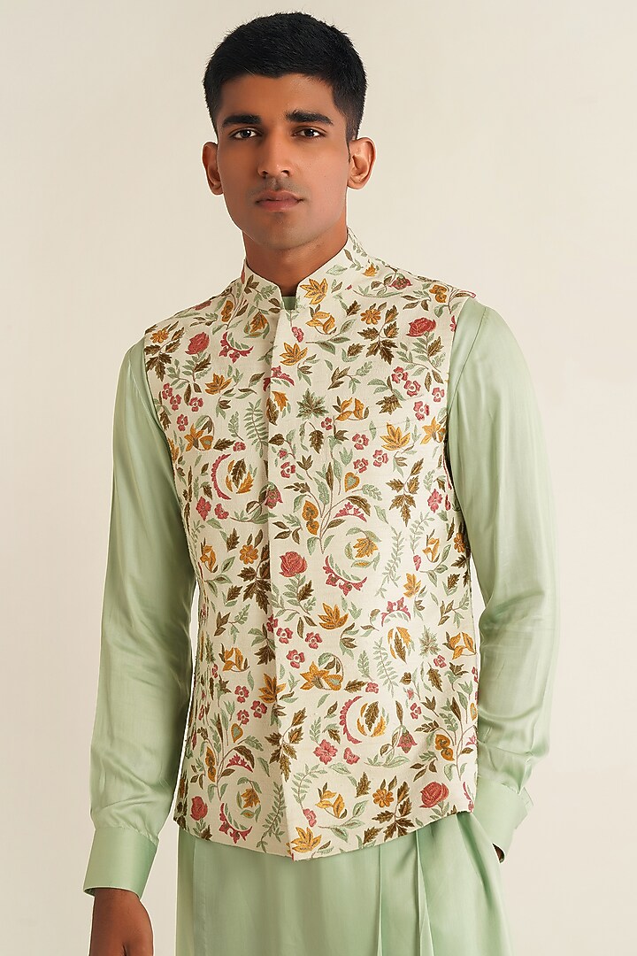 Ivory Silk Floral Embroidered Nehru Jacket by Dhruv Vaish at Pernia's Pop Up Shop