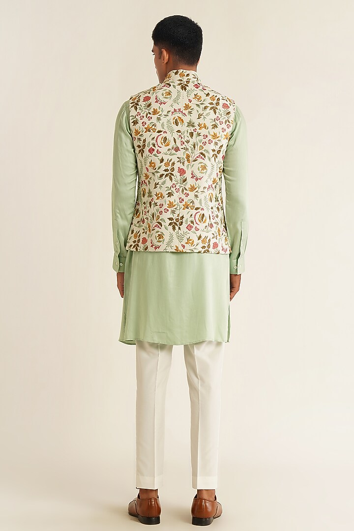 Ivory Silk Floral Embroidered Nehru Jacket by Dhruv Vaish at Pernia's Pop Up Shop