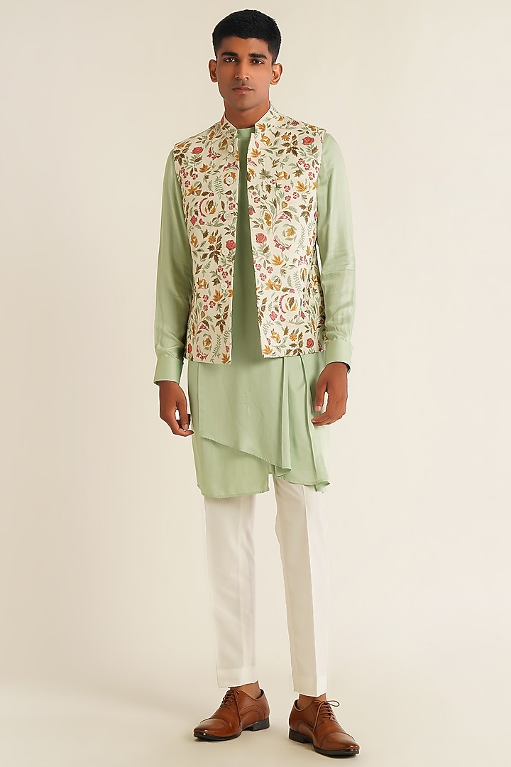 Ivory Silk Floral Embroidered Nehru Jacket by Dhruv Vaish at Pernia's Pop Up Shop
