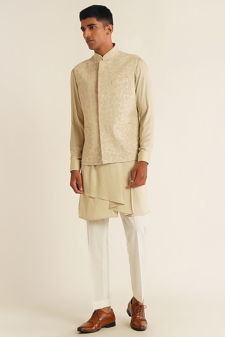 Moonrock Beige Silk Tonal Embroidered Nehru Jacket by Dhruv Vaish at Pernia's Pop Up Shop