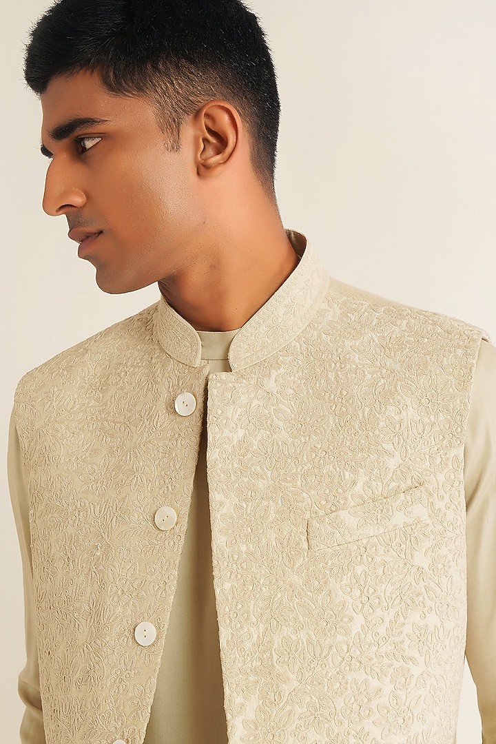 Moonrock Beige Silk Tonal Embroidered Nehru Jacket by Dhruv Vaish at Pernia's Pop Up Shop