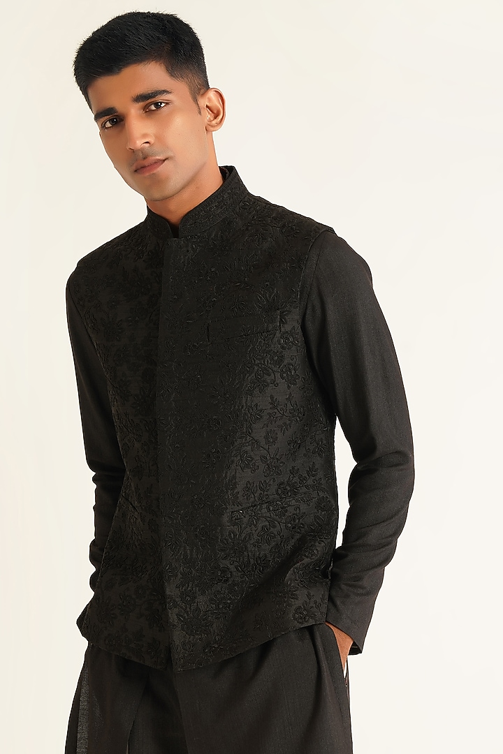 Black Silk Tonal Embroidered Nehru Jacket by Dhruv Vaish at Pernia's Pop Up Shop