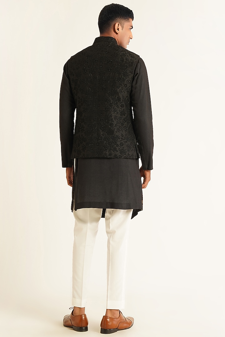 Black Silk Tonal Embroidered Nehru Jacket by Dhruv Vaish at Pernia's Pop Up Shop