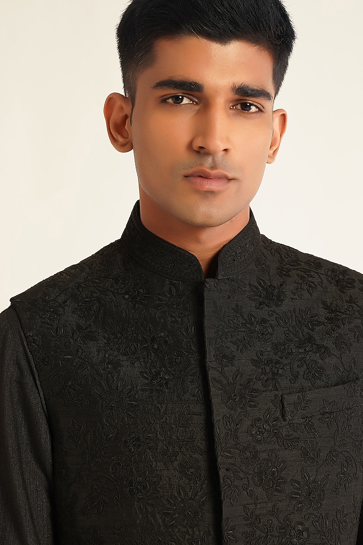 Black Silk Tonal Embroidered Nehru Jacket by Dhruv Vaish at Pernia's Pop Up Shop