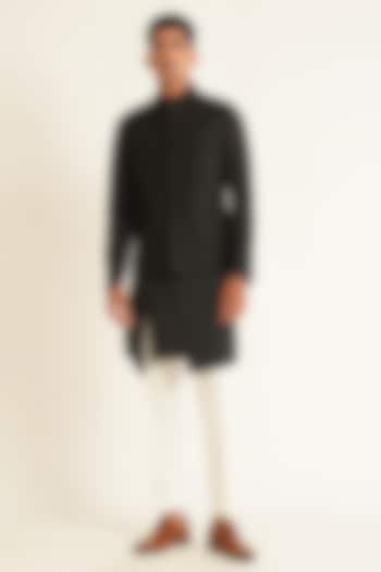Black Silk Tonal Embroidered Nehru Jacket by Dhruv Vaish at Pernia's Pop Up Shop
