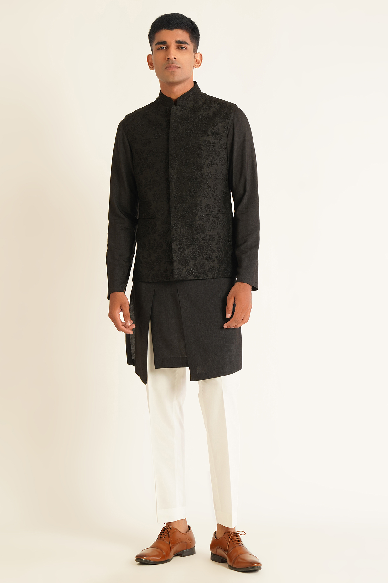 Black Silk Tonal Embroidered Nehru Jacket by Dhruv Vaish at Pernia's Pop Up Shop