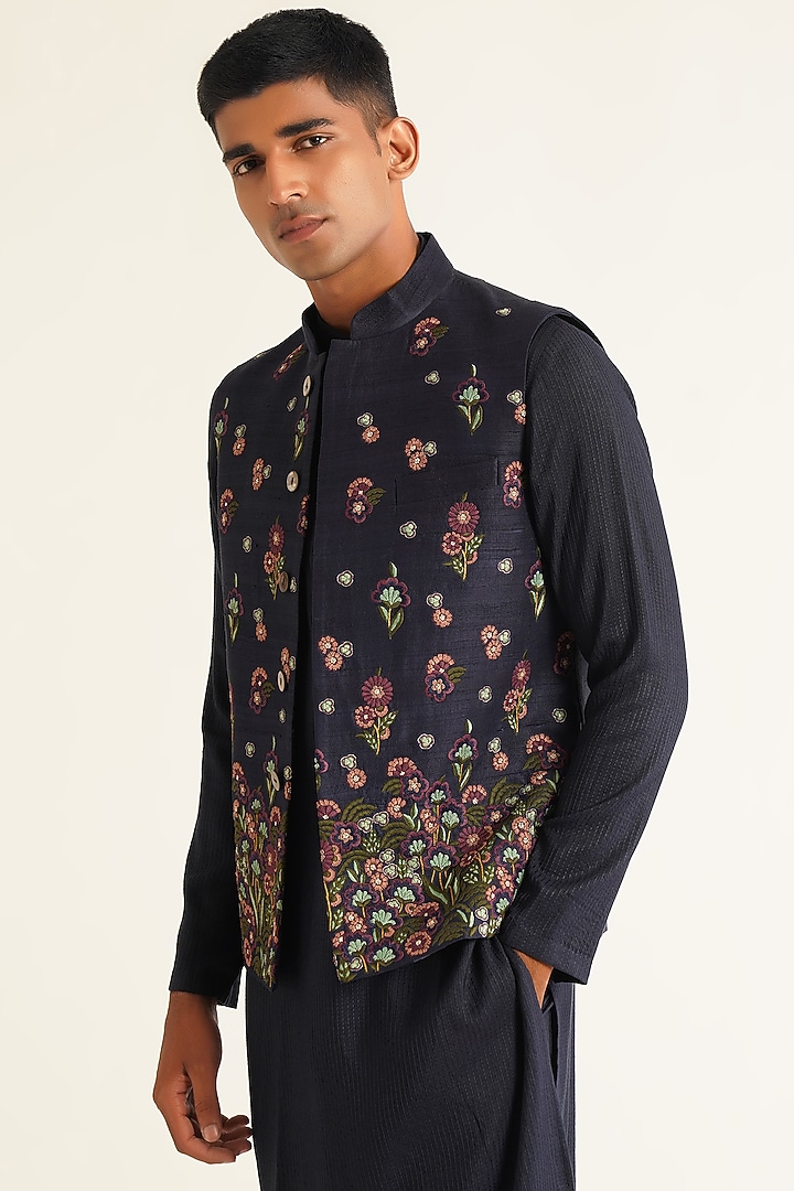 Navy Silk Floral Embroidered Nehru Jacket by Dhruv Vaish at Pernia's Pop Up Shop