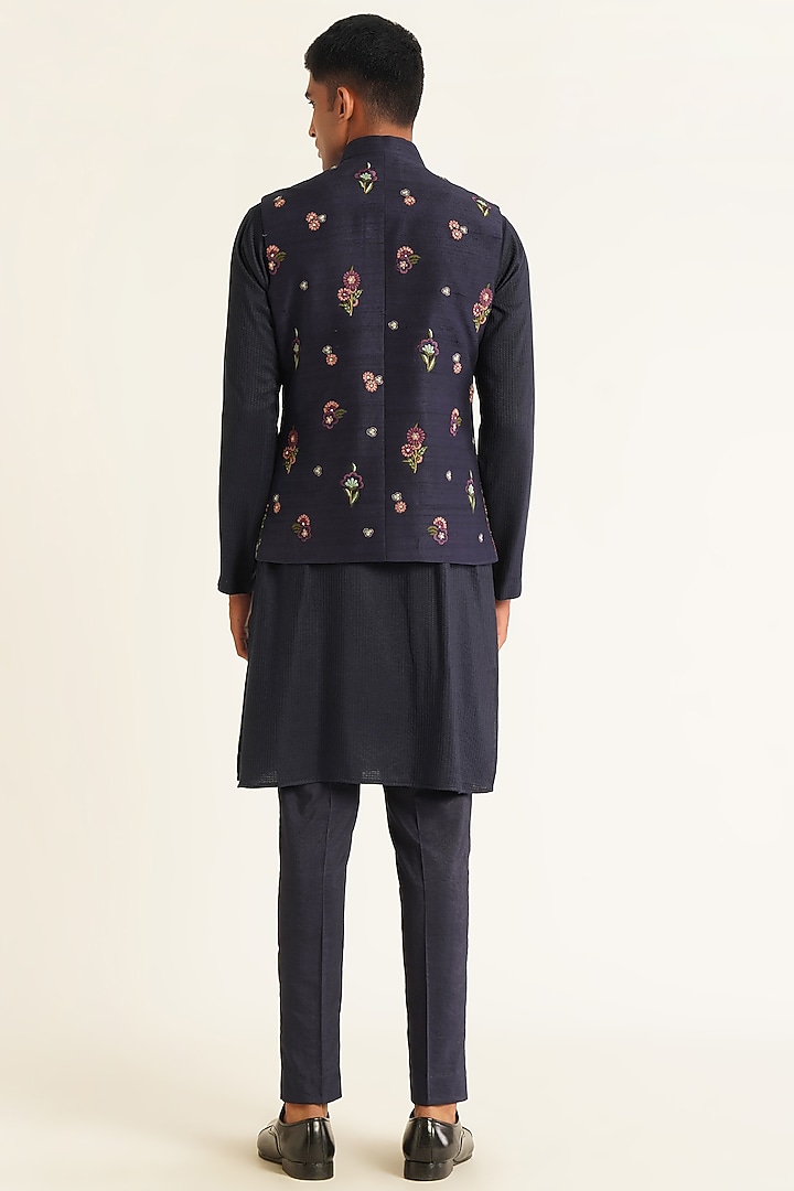 Navy Silk Floral Embroidered Nehru Jacket by Dhruv Vaish at Pernia's Pop Up Shop