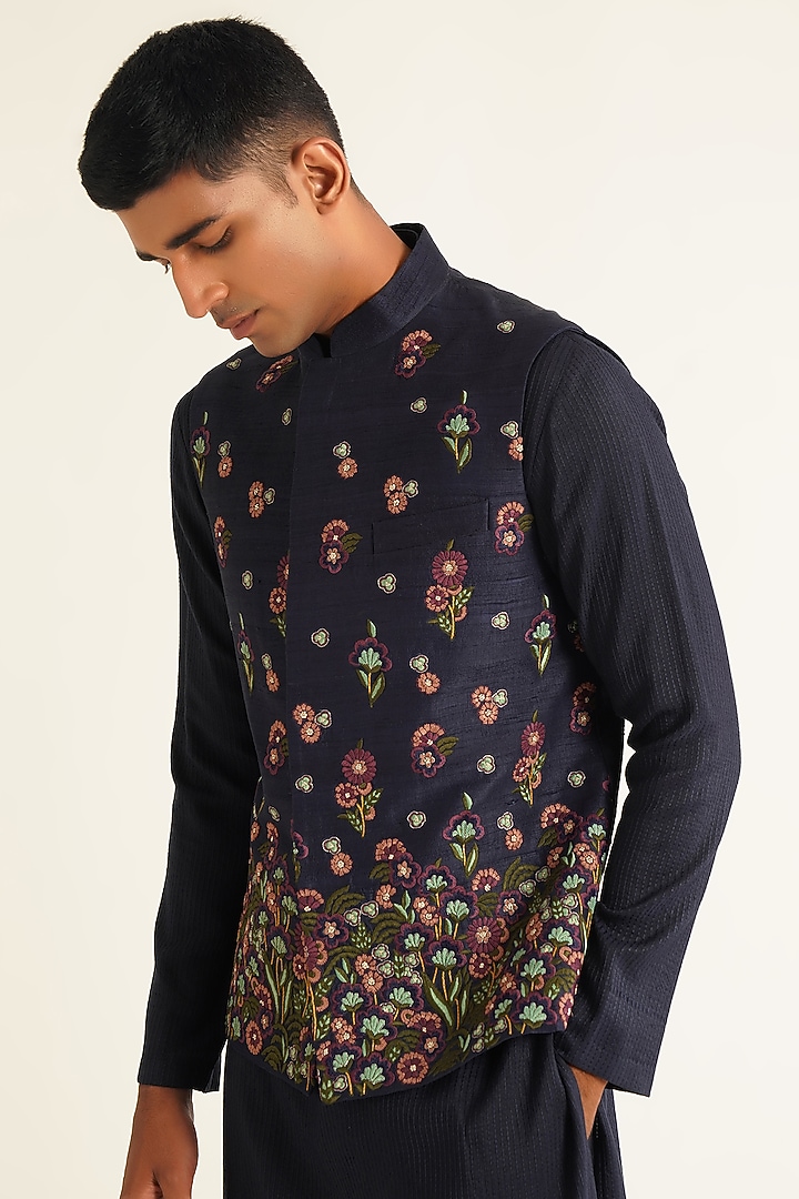 Navy Silk Floral Embroidered Nehru Jacket by Dhruv Vaish at Pernia's Pop Up Shop