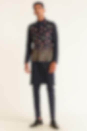 Navy Silk Floral Embroidered Nehru Jacket by Dhruv Vaish at Pernia's Pop Up Shop