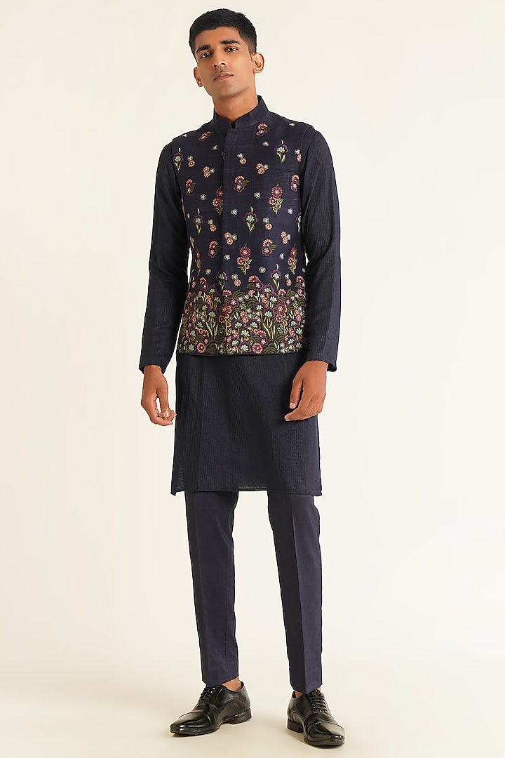 Navy Silk Floral Embroidered Nehru Jacket by Dhruv Vaish at Pernia's Pop Up Shop