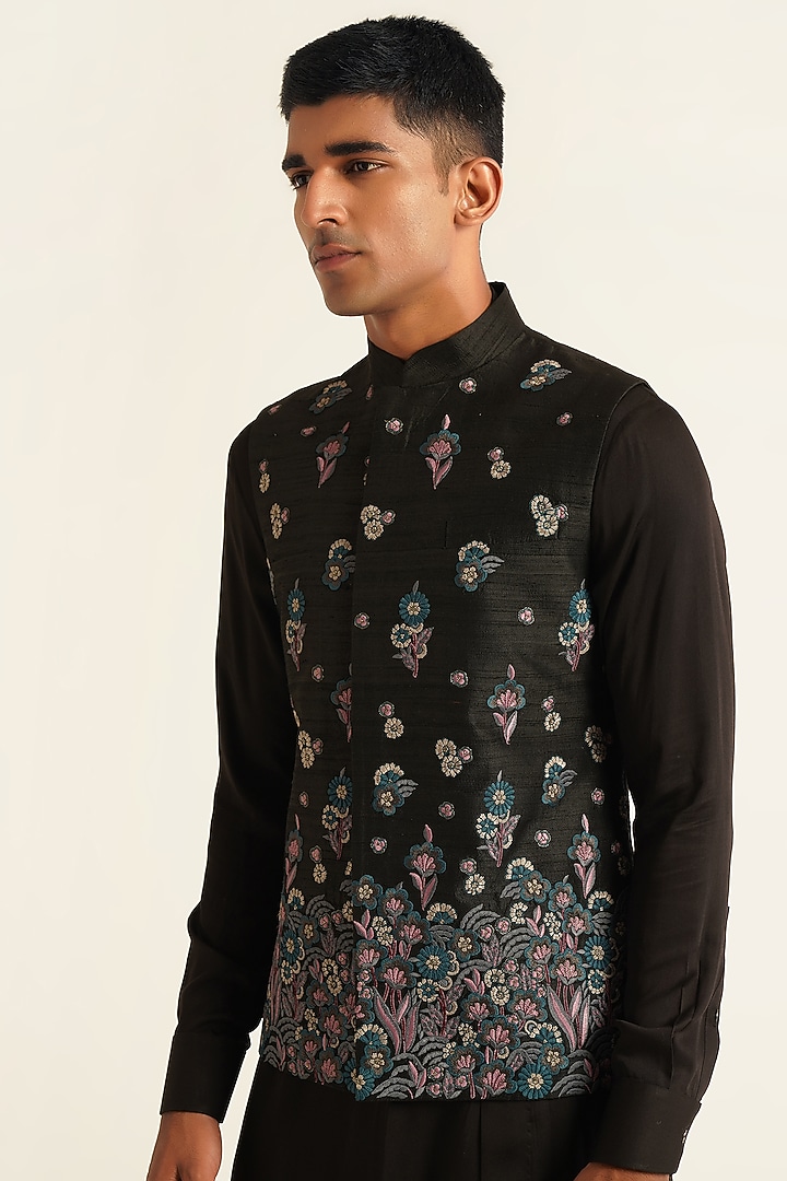 Black Silk Floral Embroidered Nehru Jacket by Dhruv Vaish at Pernia's Pop Up Shop