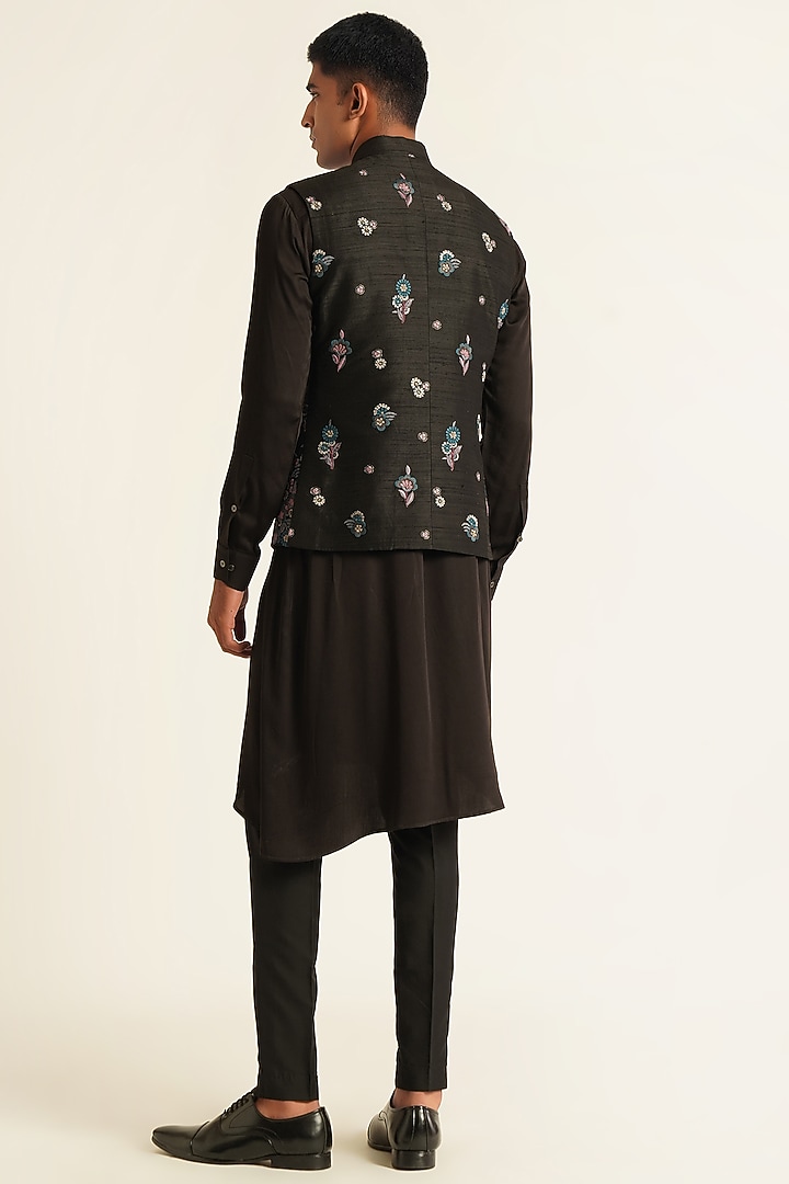 Black Silk Floral Embroidered Nehru Jacket by Dhruv Vaish at Pernia's Pop Up Shop