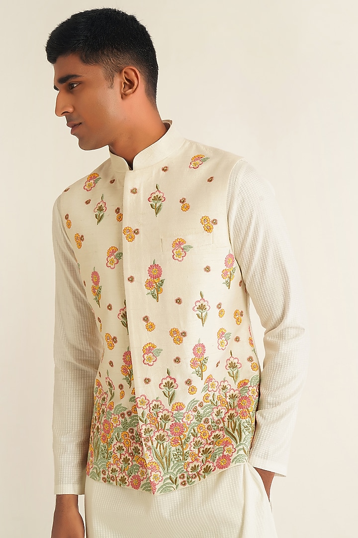 Ivory Silk Floral Embroidered Nehru Jacket by Dhruv Vaish at Pernia's Pop Up Shop