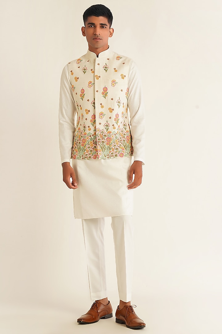 Ivory Silk Floral Embroidered Nehru Jacket by Dhruv Vaish