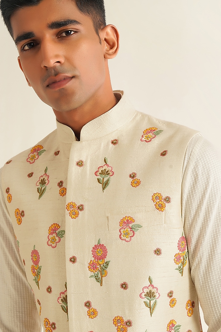 Ivory Silk Floral Embroidered Nehru Jacket by Dhruv Vaish at Pernia's Pop Up Shop