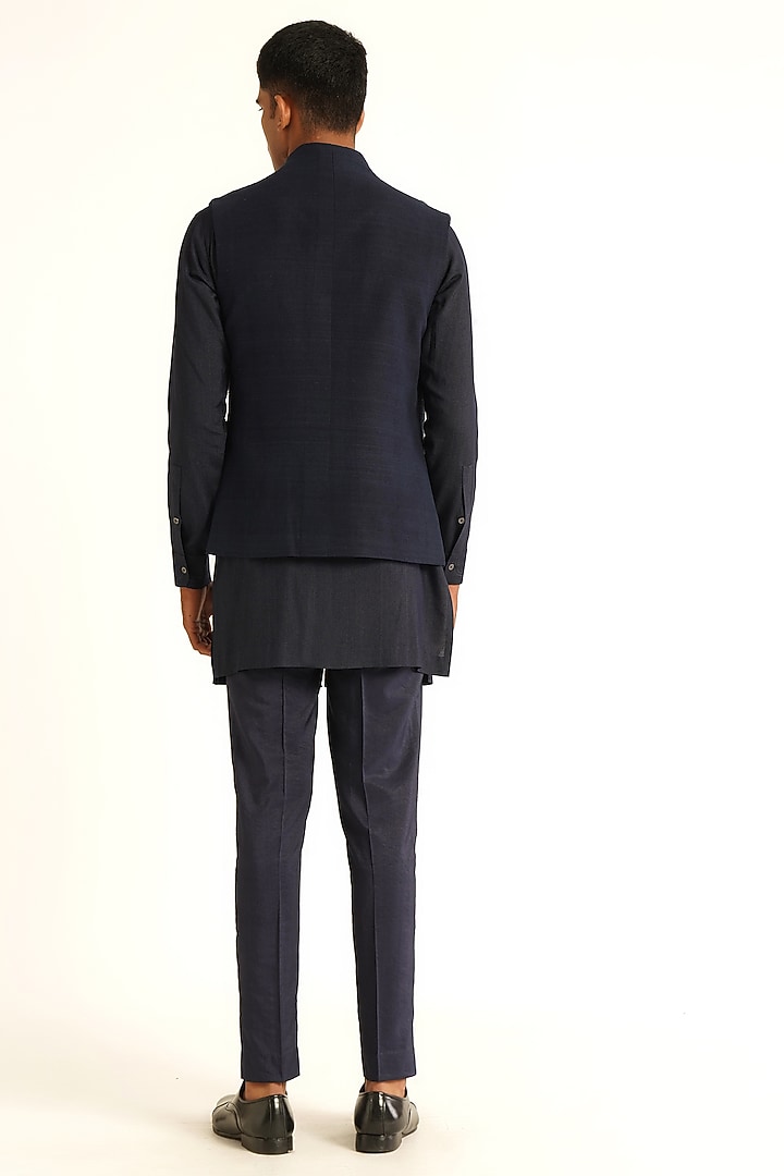 Navy Silk Metallic Bead Embroidered Open Nehru Jacket Set by Dhruv Vaish at Pernia's Pop Up Shop