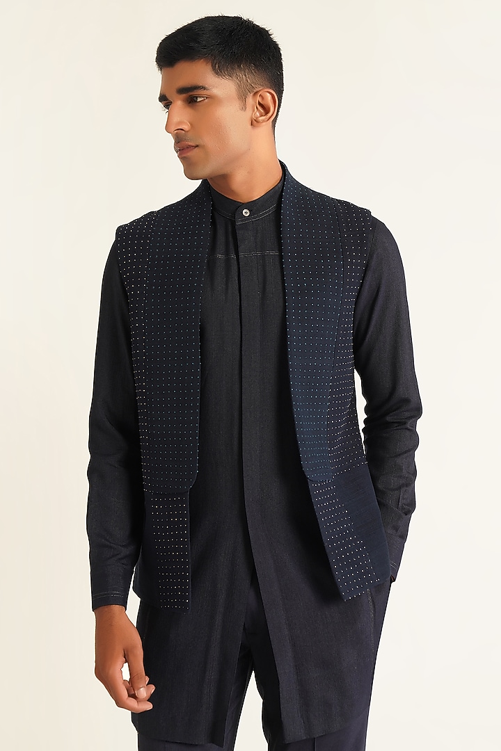 Navy Silk Metallic Bead Embroidered Open Nehru Jacket Set by Dhruv Vaish at Pernia's Pop Up Shop