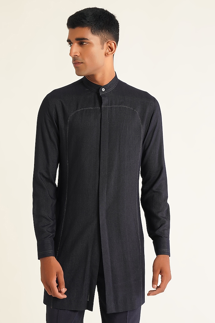 Navy Silk Metallic Bead Embroidered Open Nehru Jacket Set by Dhruv Vaish at Pernia's Pop Up Shop