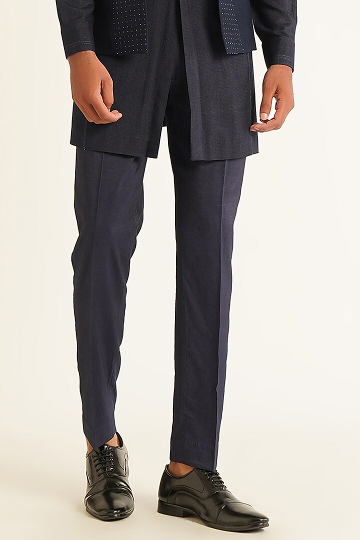 Navy Silk Metallic Bead Embroidered Open Nehru Jacket Set by Dhruv Vaish at Pernia's Pop Up Shop
