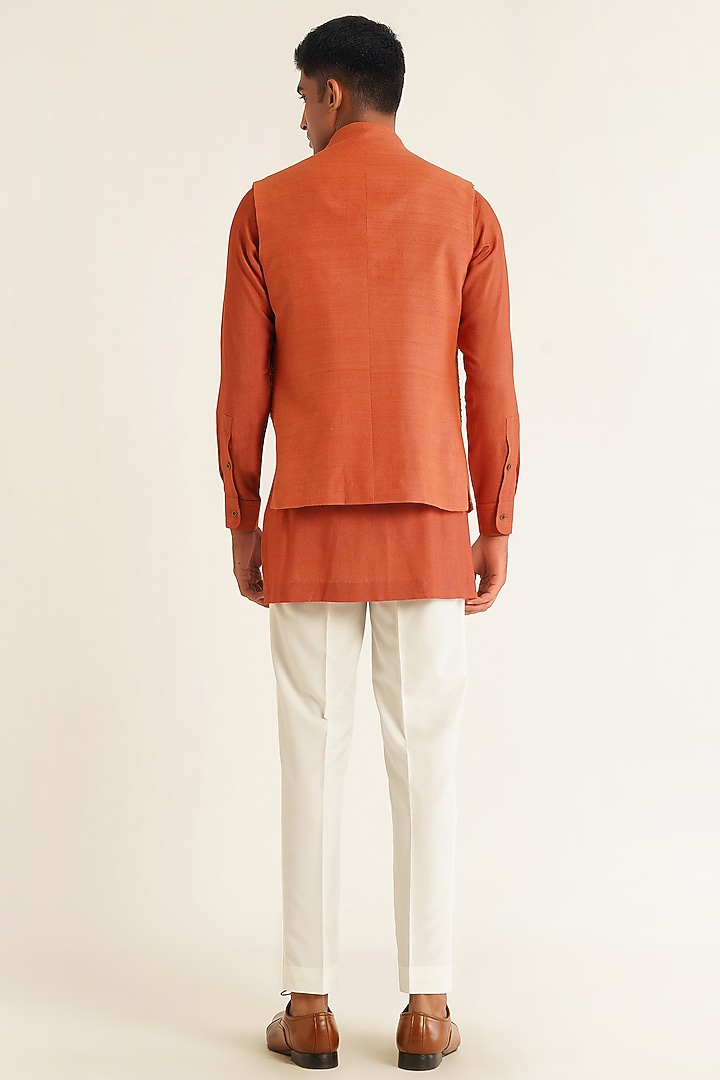 Rust Silk Metallic Bead Embroidered Open Nehru Jacket Set by Dhruv Vaish at Pernia's Pop Up Shop