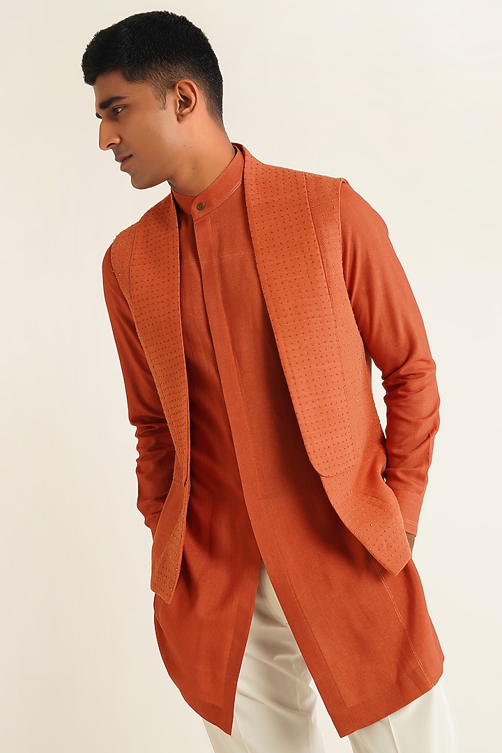 Rust Silk Metallic Bead Embroidered Open Nehru Jacket Set by Dhruv Vaish at Pernia's Pop Up Shop