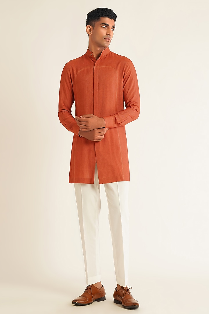 Rust Silk Metallic Bead Embroidered Open Nehru Jacket Set by Dhruv Vaish at Pernia's Pop Up Shop
