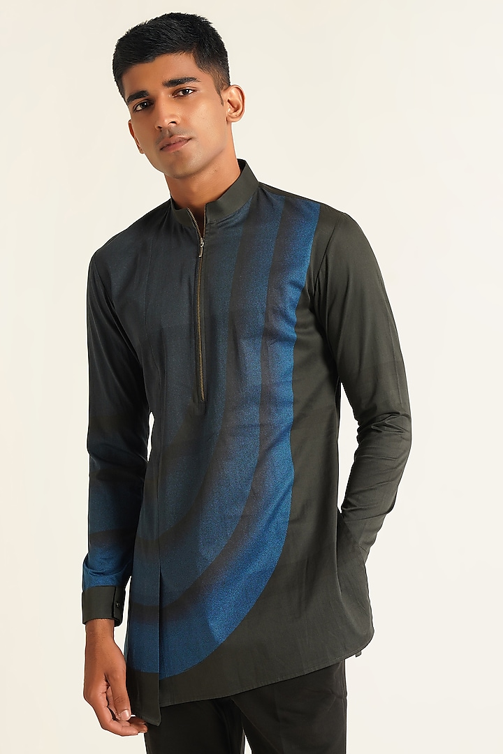 Black-Blue Cotton Satin Curve Printed Kurta by Dhruv Vaish at Pernia's Pop Up Shop