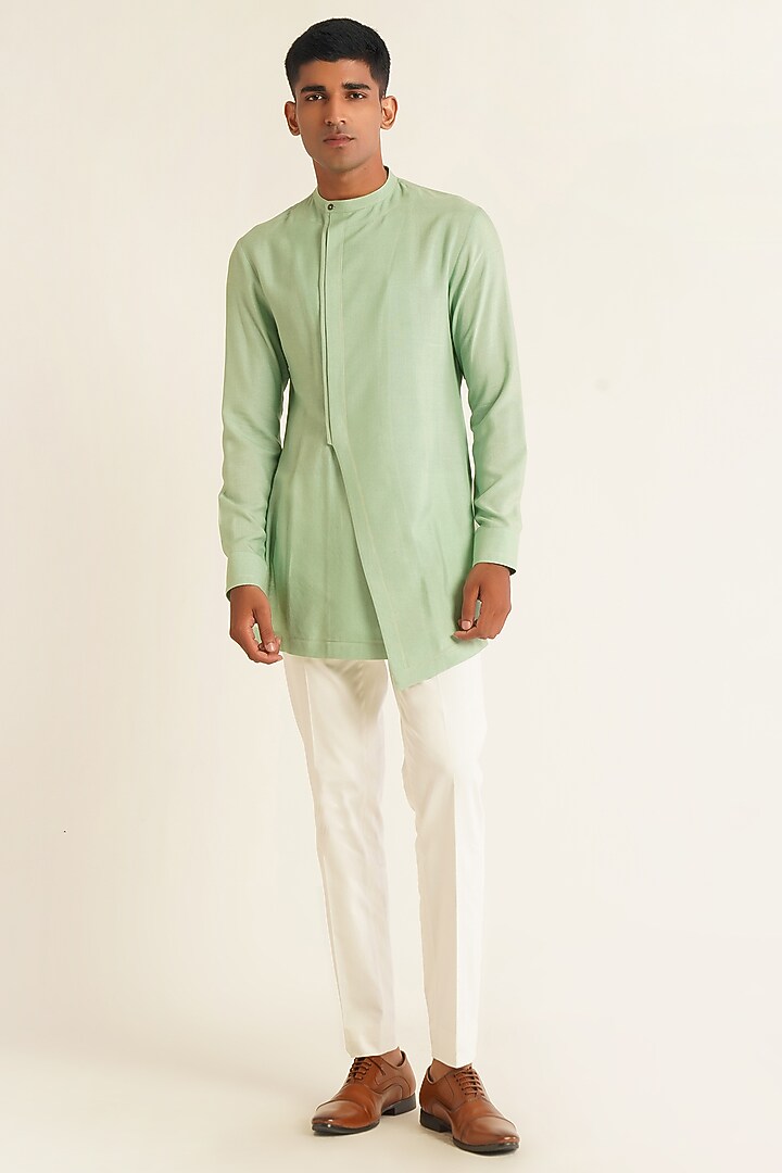Jade Mist Cotton Silk Side-Open Kurta by Dhruv Vaish at Pernia's Pop Up Shop