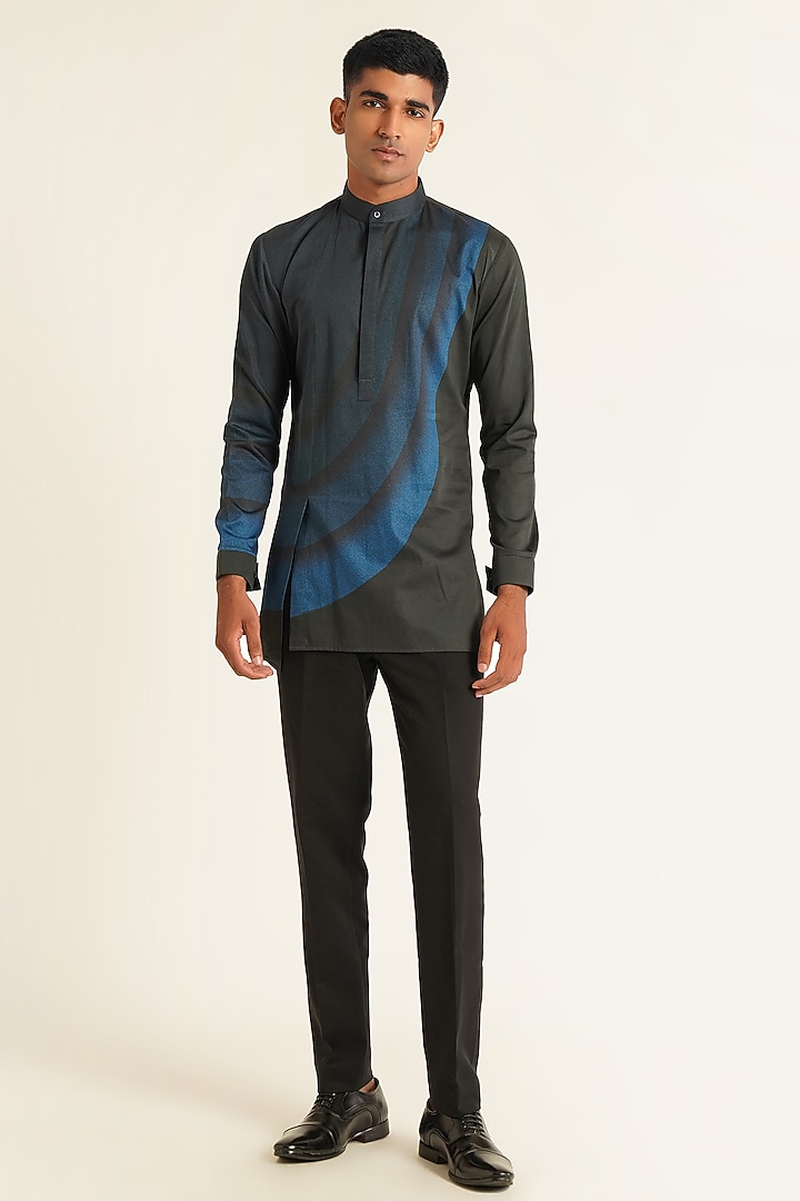 Black-Blue Cotton Satin Curve Printed Kurta by Dhruv Vaish at Pernia's Pop Up Shop