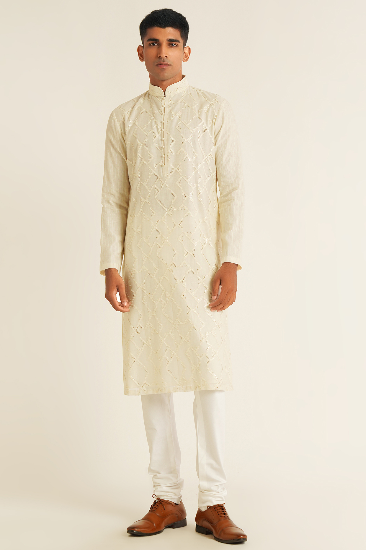 Ivory Cotton Silk Chanderi Thread Embroidered Kurta Set by Dhruv Vaish
