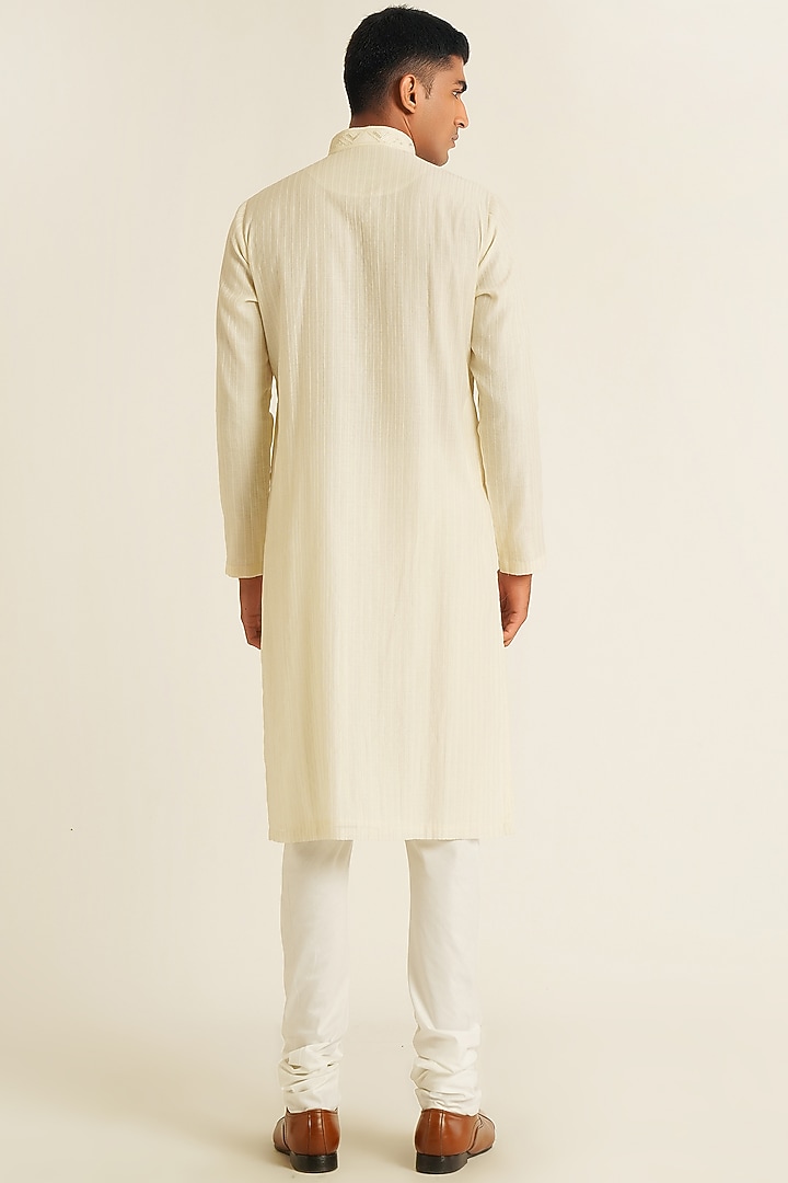 Ivory Cotton Silk Chanderi Thread Embroidered Kurta Set by Dhruv Vaish at Pernia's Pop Up Shop
