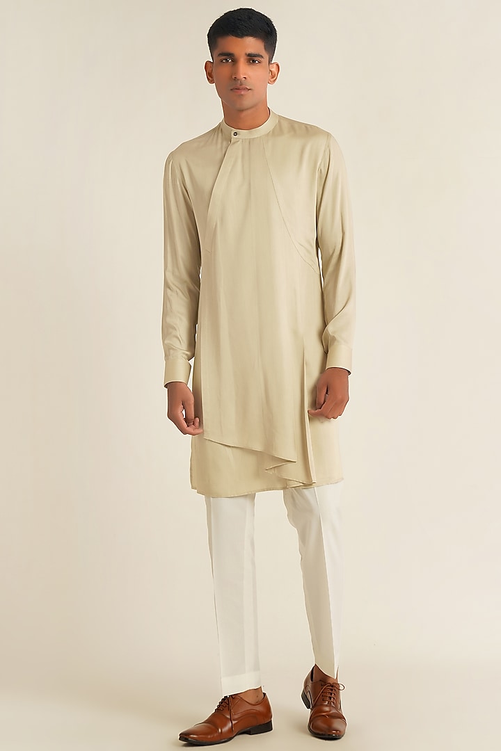 Moonrock Beige Modal Satin Draped Kurta Set by Dhruv Vaish