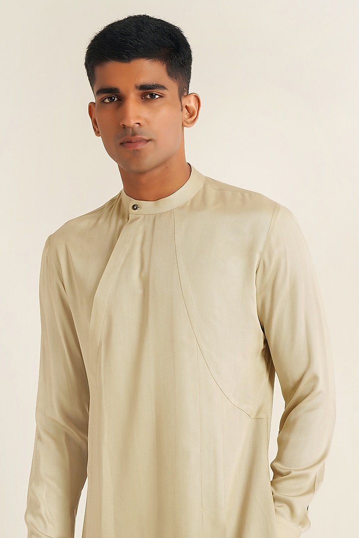 Moonrock Beige Modal Satin Draped Kurta Set by Dhruv Vaish at Pernia's Pop Up Shop