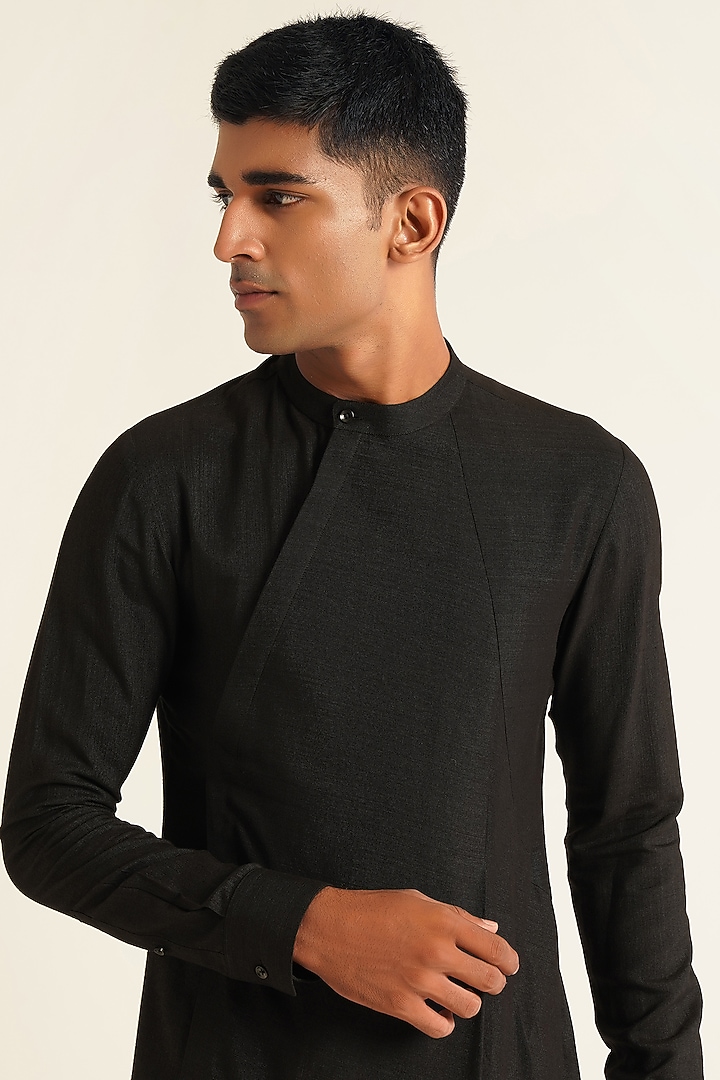 Black Modal Satin Draped Kurta Set by Dhruv Vaish at Pernia's Pop Up Shop