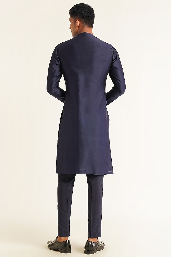 Navy Cotton Silk Chanderi Asymmetric Embroidered Kurta Set by Dhruv Vaish at Pernia's Pop Up Shop